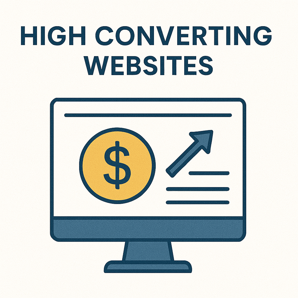 Flat-style digital illustration of a computer screen displaying a high-converting website layout with optimization icons, representing custom web design services.