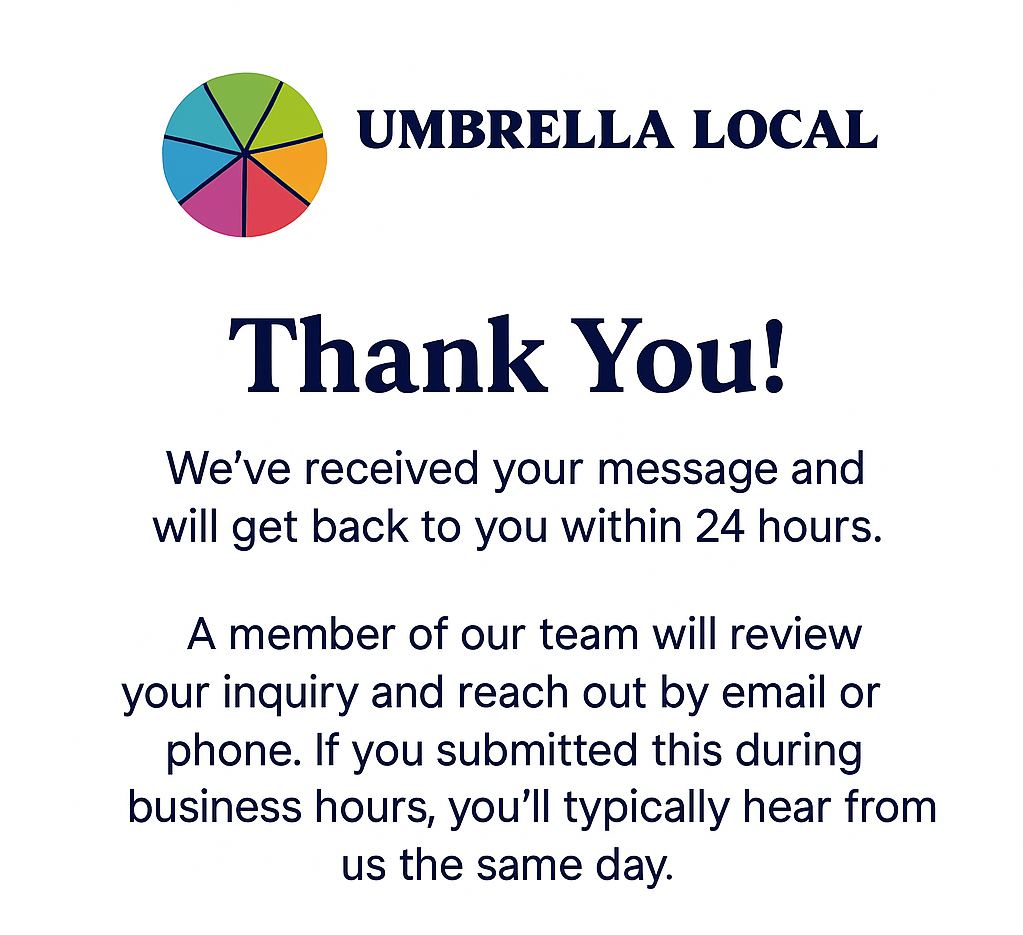 Thank you for contacting us image with Umbrella local logo